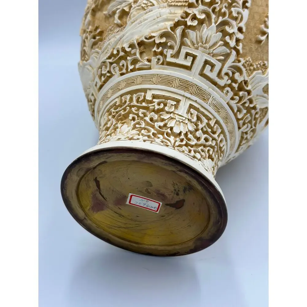 Antique Chinese Hand Carved Lacquered Cinnabar Over Brass Floral Motif Vase Set